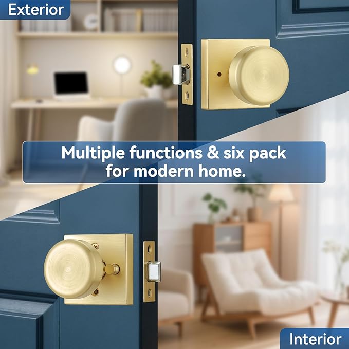 Brushed Gold Door Knobs with Square Rosette, Interior Door Handles for Bath & Bed with Push Lock