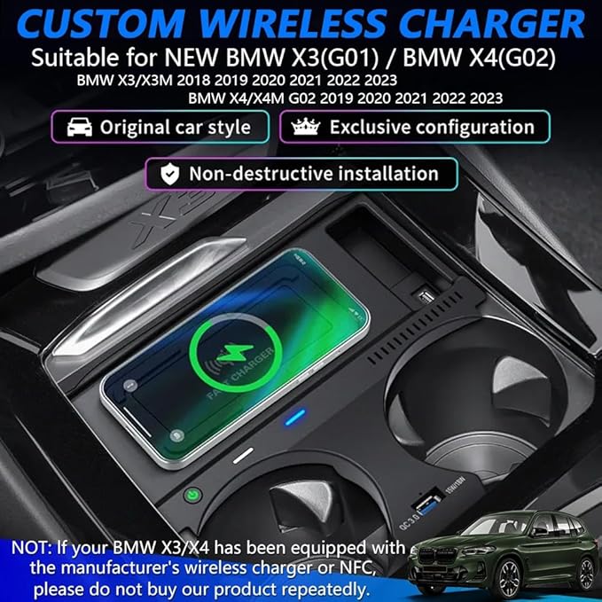 Wireless Car Charger for BMW X3/X4 2022 2021 2020 2019 2018, OEM Custom Fit with QC3.0 USB Wireless Fast Phone Charging Pad for BMW X3/X4/X3M/X4M G01 G02 Center Console Interior Accessories