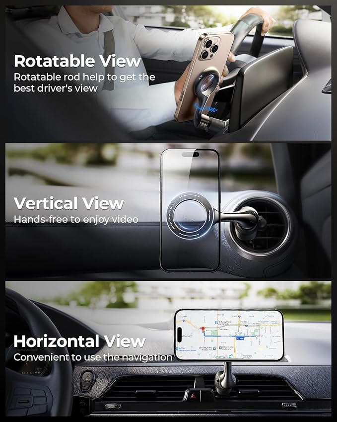 MRGLAS for MagSafe Car Mount [ 2025 Upgraded 40 Strong Magnets] [360° Rotation] Air Vent Magnetic Phone Holder [Double Metal Hook] Car Phone Holder Mount Compatible iPhone 17 16 15 Pro Max Plus S25 24