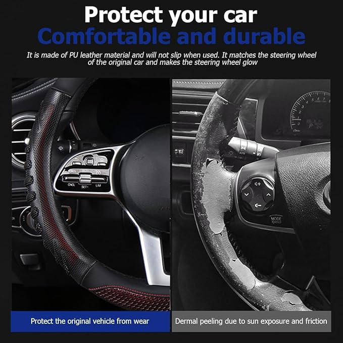 BELOMI Car Steering Wheel Cover, Breathable Leather Vehicle Steer Wheel Protective Guard with 3D Honeycomb Hole, Anti-Slip Steer Wheel Protector, Universal Automotive Accessories (Red)
