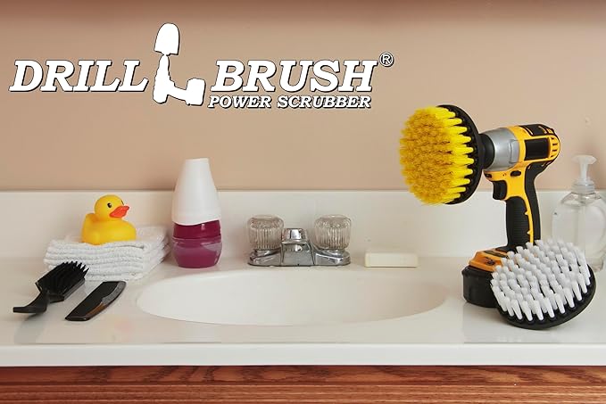 Drill Brush - 5-inch Spin Brush Cleaning Kit - Calcium, Mineral Deposits, Soap Scum, Rust - Hard Water Stain Remover - Grout Cleaner - Shower Curtain - Bath Mat - Bathroom Accessories - Shower Door