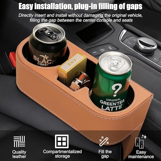 Car Seat Gap Filler Organizer with Cup Holder, Leather Multifunctional Vehicle Front Seat Crevice Storage Box Bag, Automotive Console Side Bucket Pocket, Universal Fit (Brown)