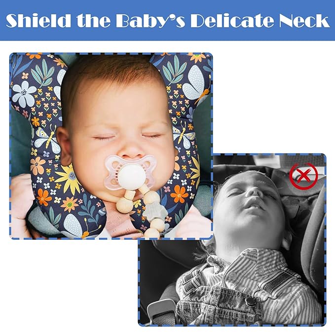 Baby Head Support Pillow for Newborn Toddler, Baby Neck Pillow Upgraded Comfortable Sleep Cushion for Car Plane Stroller Pushchair - Flower B