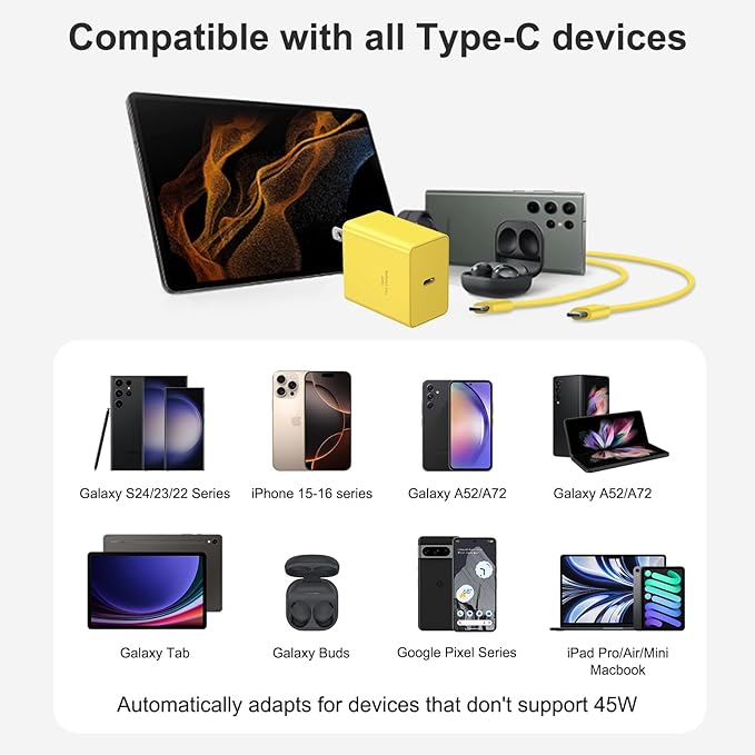 USB C Charger Type C Charger Fast Charging 10FT 45W Samsung Chargers 2-Pack with iPhone Air/17/17 Plus/17 Pro/17 Pro Max/16/16 Plus/16 Pro/16 Pro Max/15/15 Pro Max/iPad Pros/Galaxy S25 S24(Yellow)