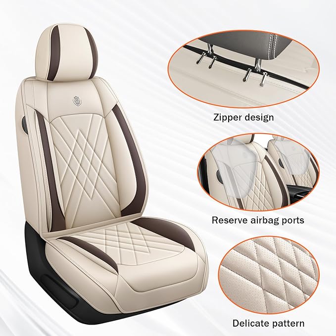 Car Seat Covers Compatible with Toyota Camry 2012-2026 Durable Waterproof Automotive Seat Covers Stretchable Fabric Material, Airbag Compatibility, Premium Nappa Leather(Beige Brown, 2 Pcs Front)