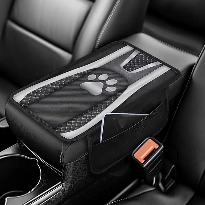 Metal-Like Dog Paw Print Car Armrest Cover Washable Middle Console Cover Scratch-Resistant Armrest Seat Box Cover Protector Auto Armrest Pad Universal for Most Vehicle SUV Truck Car