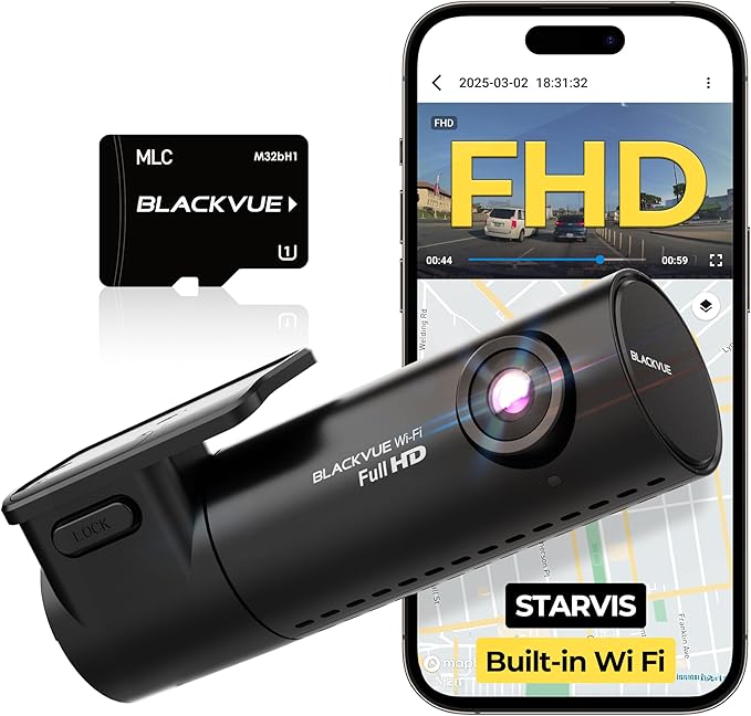 BlackVue DR590X-1CH Plus 32GB Dash Cam - Full HD 60fps Dash Cam Front, STARVIS, Free Hardwire Cable & SD Card, Built-in Wi-Fi, Parking Mode Support, App Control Dashcam