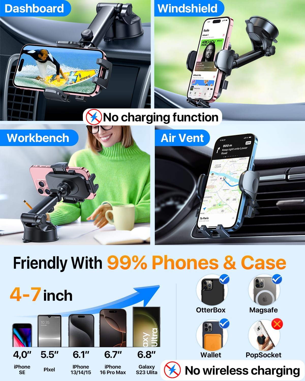 HTU [True Military-Grade] 2025 Upgraded Car Phone Holder 【Safety Certs & No Smell】 Cell Phone Holder for Car Mount for Dashboard Windshield Air Vent Long Arm Thick Case,Purple