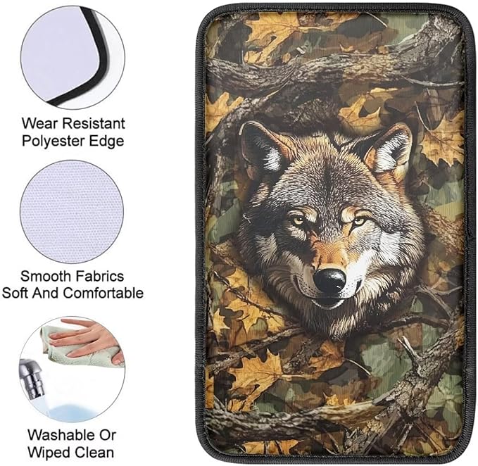 Leaves Wolf Console Center Armrest Lid Cover Protector Car Armrest Storage Box Mat Interior Accessories for Most Vehicle, SUV