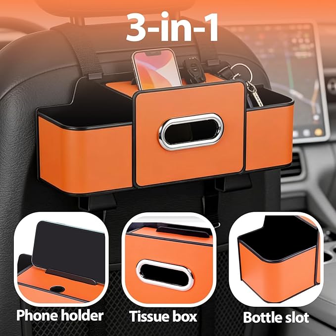 ZenChef Three-in-one Car Organizers and Storage, 2025 New Multi-function Car Tissue Holder, Multi-function Backseat Car Organizer with Cup Holder, Tissue Box, Hook (brown)