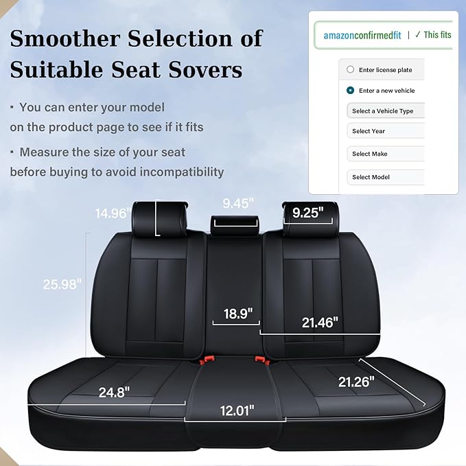 Coverado Dog Car Seat Cover for Back Seat Cover, Black Rear Car Seat Covers, 3-Pieces Waterproof Car Seat Cushion, Car Seat Protector, Leather Seat Cover Seat Protector Universal Fit Most Cars