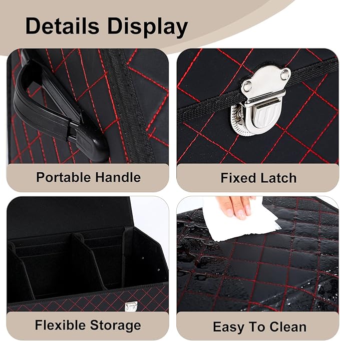 Trunk Organizer with Lid for Car Foldable Storage Box Heavy Duty PU Leather Cargo Organizer for SUV Sedan Waterproof (Red, Large)