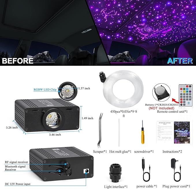 Fiber Optic Car Starlight Headliner Kit, Sound Activated RGBW 16W 450pcs*0.03in*9.8ft Fiber Strands Starlight Kit with APP& Remote Controlled, Star Lights for Ceiling Car Roof/Home Decor