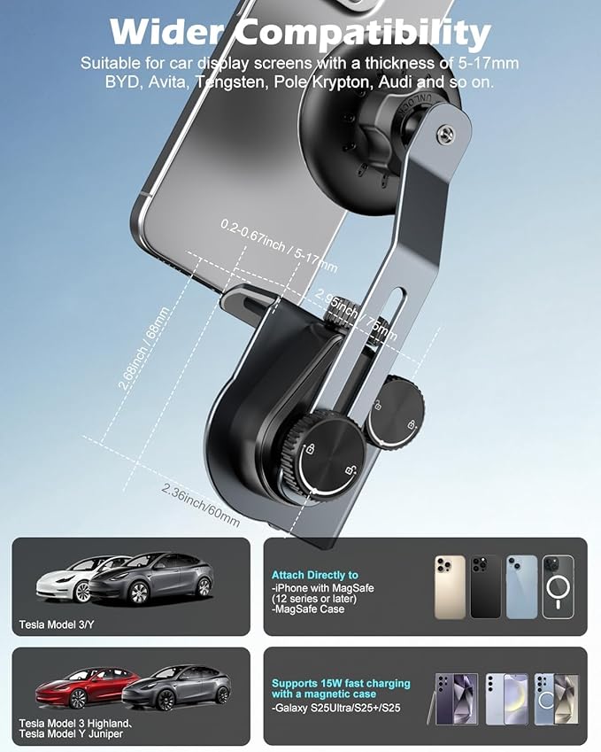 CloudValley 15W Wireless Charger Phone Mount for Tesla Model Y/3,【Extendable Metal Holder】 Compatible with iPhone MagSafe, Magnetic Adjustable Car Holder for Tesla Model 3 Highland/Y Juniper