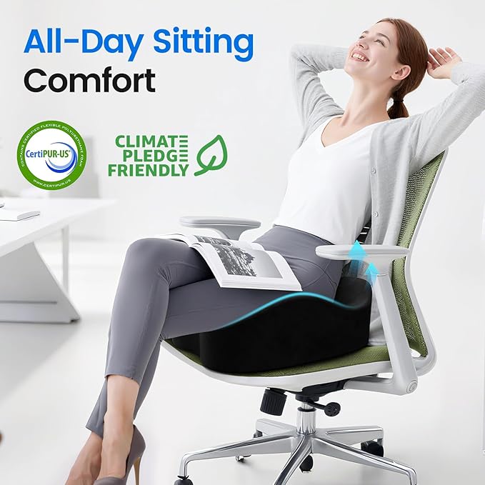 Seat Cushion, Memory Foam Chair Cushions for Tailbone/Sciatica Easing, Chair Pillow with Handles for Car, Office Chair Cushion with Non-Slip Design, Ideal for Post-Surgery Recovery(Black)