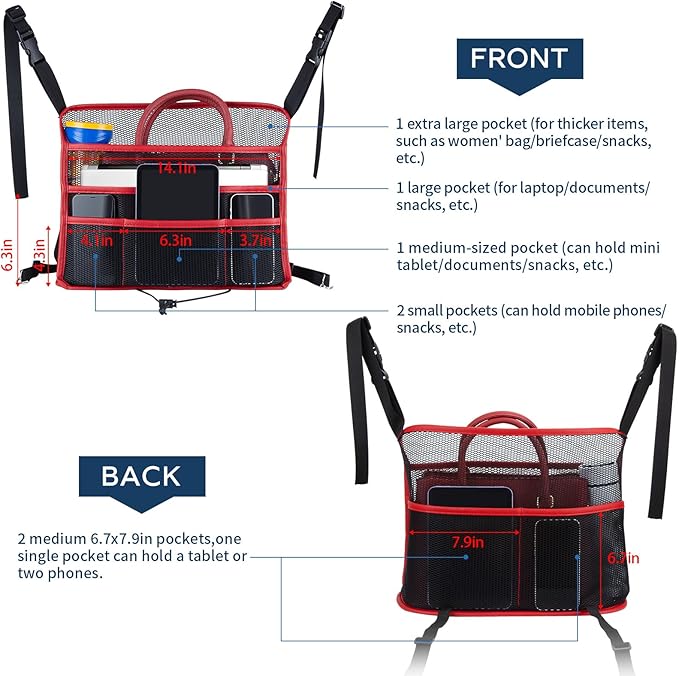 eing Car Seat Organizer Seat Back Storage Bag, Car Net Pocket Handbag Holder, Barrier of Backseat Dog Pet Kids for Car, Automotive Consoles Purse Holder, Black+Red Line