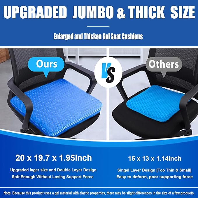 20" Gel Seat Cushion for Long Sitting Pressure Relief(Jumbo&Thick) - Wheelchair Cushion for Pressure Sores - Back, Sciatica & Tailbone Pain Relief Cushion- Non-Slip Butt Pillow for Office, Home, Car