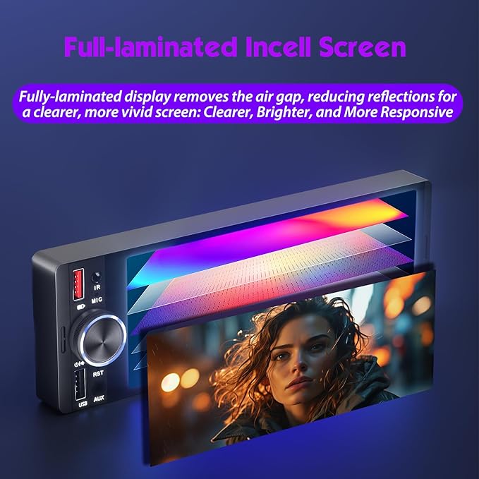 [in‑Cell Touchscreen] 6.36" Single Din Car Stereo with Wireless/Wired CarPlay & Android Auto, 240W DSP Powerful Sound with EQ, MirrorLink, Bluetooth Hands‑Free, 12‑LED Backup Camera, AM/FM Radio