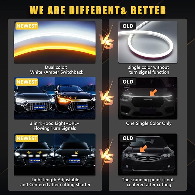 Sequential Turn Signal Light Strip Dynamic Scan Start Up Led Hood Lights Flexible DRL Daytime Running Light for Car,Truck,SUV,Dual Color White Amber Flowing Switchback 12V 94inch/240CM (1Set)