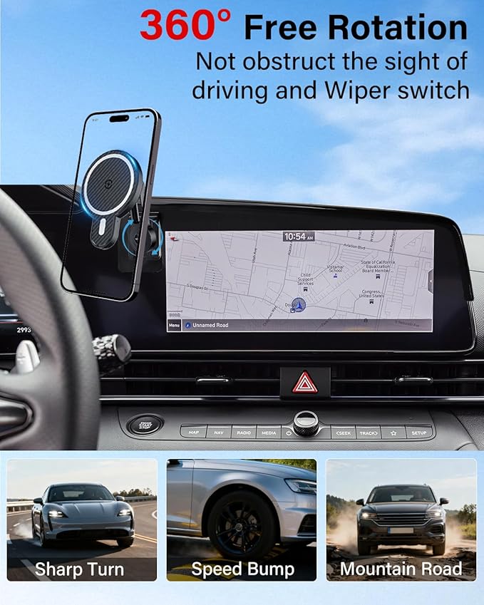 PZK Car Phone Holder for Hyundai Elantra 2021-2025 2026 SE/SEL/Sport/Limited/N Line Accessories for 8-Inch/10.25-Inch Screen Magnetic 15W Fast Wireless Charger Phone Mount 360° Rotating Extension Rod