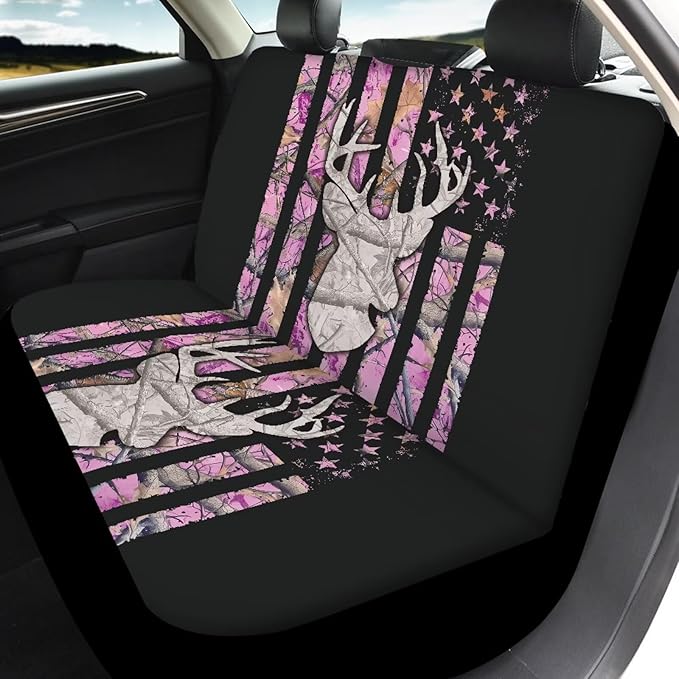 KEIAHUAN Car Seat Covers Pink Front Saddle Blanket Rear Split Bench Protection Cover Soft and Comfortable Automotive Accessories Fit Most Cars, Sedan, Truck, SUV and Van, Branch Camo Hunting