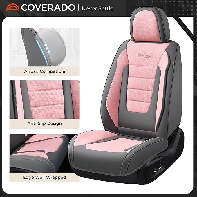 Coverado Car Seat Covers Full Set, Nappa Leather Seat Covers for Cars, Car Seat Protector Car Seat Cushion, Front and Back Seat Protectors Cushions Universal Fit for Most Cars Vehicles(Gray&Pink)