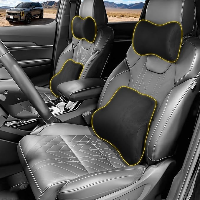 Car Neck & Lumbar Support Pillow Set for Kia Telluride, Soft Memory Foam Headrest & Back Cushion, Ergonomic Comfortable Seat Support for Daily Driving and Long Trips Car Interior Accessories