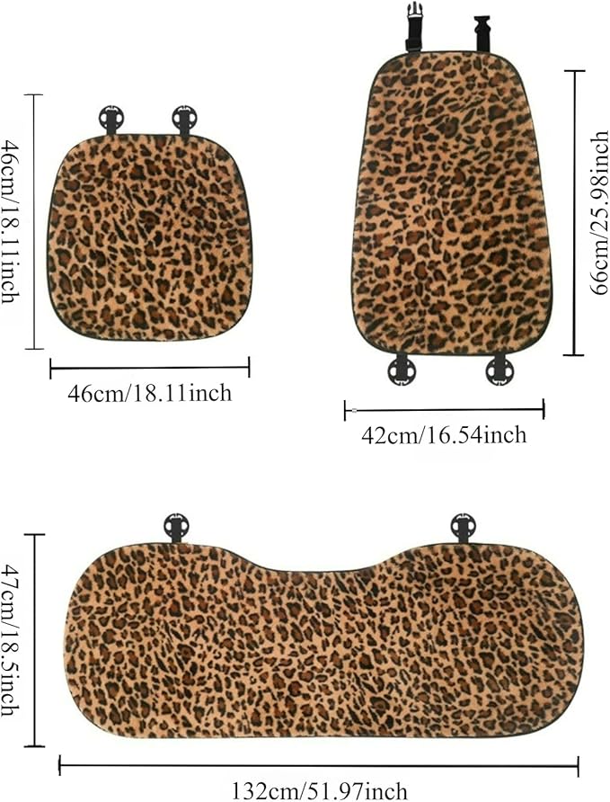 Leopard Print Car Seat Covers Fluffy Front Rear Car Seat Covers Set Lumbar Support Pillow Car Accessories for Women (backrest) (Front seat Cover)