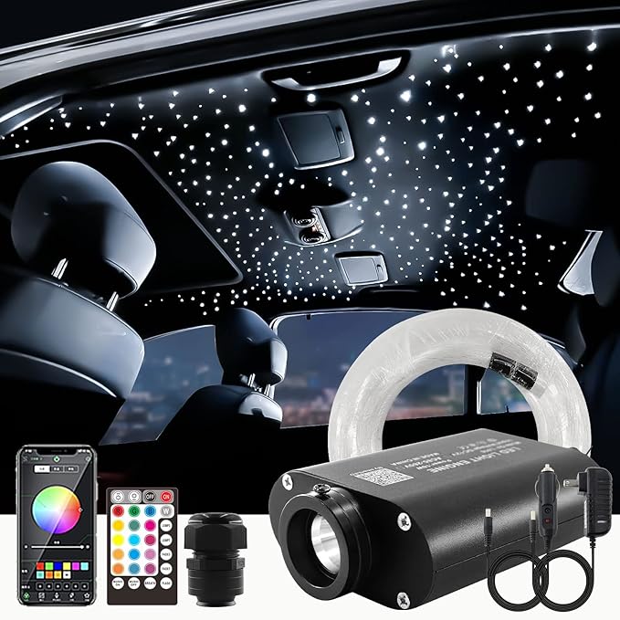 ATOKEE 16W Mixed 295pcs 9.8ft Fiber Optic Lights, Sound Activated Starlight Headliner Kit for Car Home Ceiling Decor, Controlled Via Bluetooth App / 28-Key RF Remote
