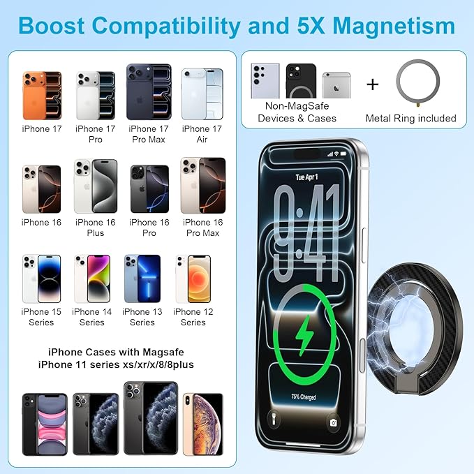MagSafe Phone Ring Holder, 360° Rotation Magnetic Phone Grip Kickstand with Double-Sided Magnet Mag Safe Finger Ring Stand for Samsung S26 S25 FE S24 Ultra iPhone 17/16/15/14 Pro Max Google Pixel 10a
