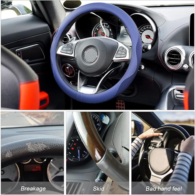 Car Steering Wheel Cover, Microfiber Breathable Ice Silk Leather Steering Wheel Cover Soft Anti-Slip Safety, 15inch Four Season Universal Fits for Most Truck,SUV,Cars (Blue)