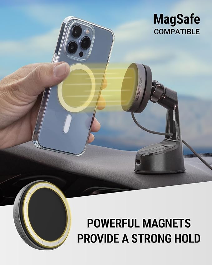 Scosche Qi2 MagSafe Car Mount, 15W Wireless Charging Suction Cup Phone Mount, Magnetic Windshield/Dashboard Cell Phone Holder with Fast USB-C Car Charger Compatible with iPhone 16/15/14/13/12, S25