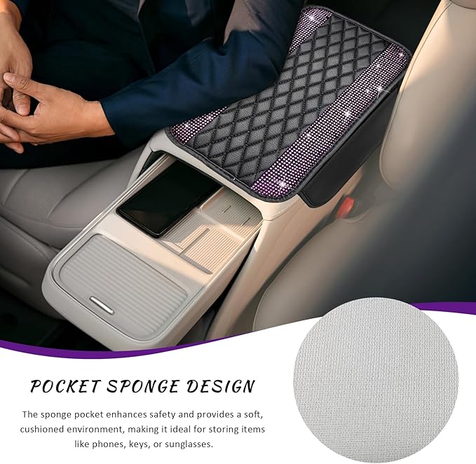 Sun Walker Bling Car Center Console Cover, Anti-Scratch Car Armrest Seat Box Cushion Pad with 2 Storage Bags, Leather Middle Console Protector Crystal Interior Accessories for Most Cars (Pink)