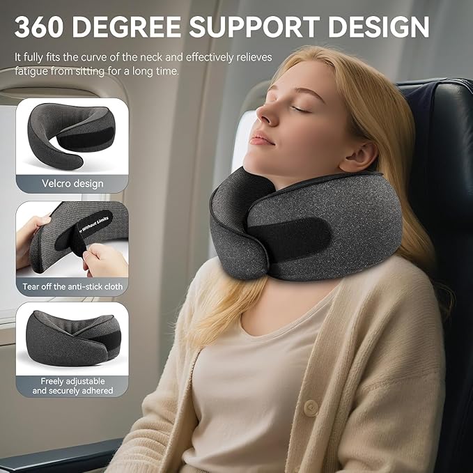 SZXYX Travel Pillows for Airplanes, 100% Pure Memory Foam Neck Pillow for Airplanes, Comfortable Breathable Cover, 360° Support Stowable Pillows for Sleeping, Car, Airport Travel Essentials Black
