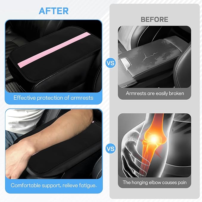 wuyaoyao Car Center Console Cover, 12.6"×7.87" PU Leather Armrest Cover for Cars, Stylish Auto Armrest Cushion Pad, Waterproof Vehicle Arm Rest Protector, Interior Car Accessories (Black+Pink)