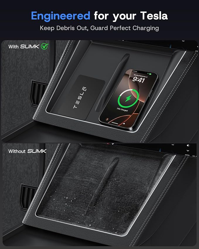 Center Console Organizer Tray for 2025 2026 Tesla Model Y Juniper (Premium & Performance) & All Model 3 Highland, Durable PC +Silent Silicone Liner Armrest Storage Box Wireless Charging Pad 4PCS