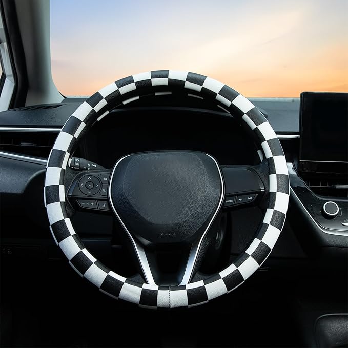Black and White Race Checkered Steering Wheel Cover Auto Leather Steering Wheel Protector, Anti-Slip, Breathable, Absorbing Sweat, Universal Car Accessories 14.5–15 inch,Fit for Most Car, Trucks, SUV