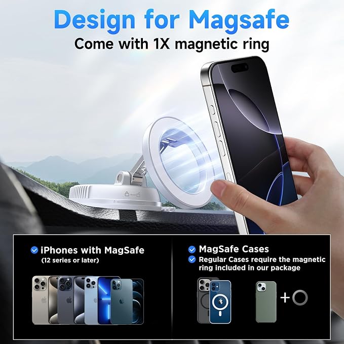 ANDERY Car Phone Holder for Magsafe [78+LBS Strongest Suction & 2400gf Magnetic] 360° Adjustable Car Phone Mount, Phone Holders for Your Car for iPhone 17-12 Pro Max Plus Air, White
