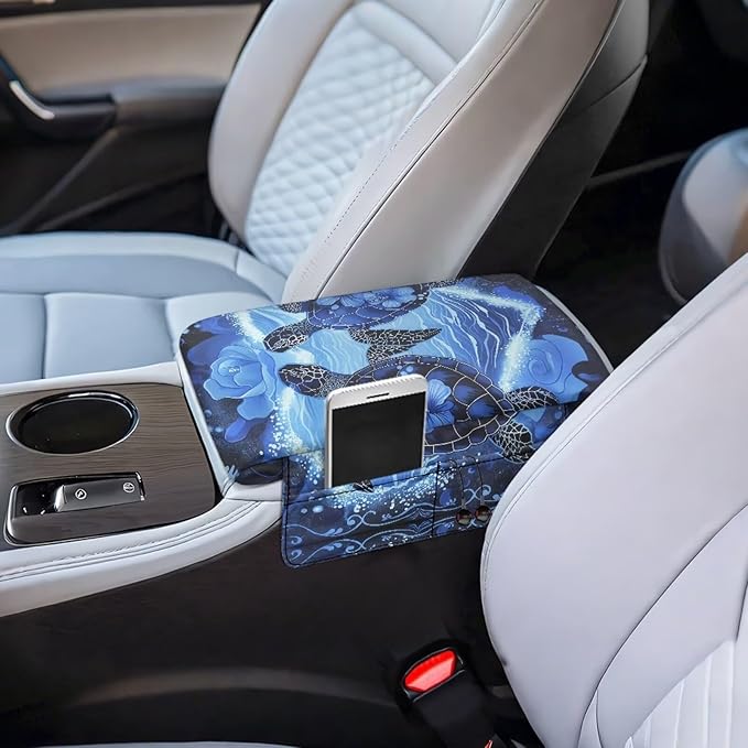 Wanyint Sea Turtle Hibiscus Car Center Console Cover Soft Armrest Cover Cushion with Pockets Storage Bag Scratch Resistant Arm Rest Covering Middle Console Pad Car Decor
