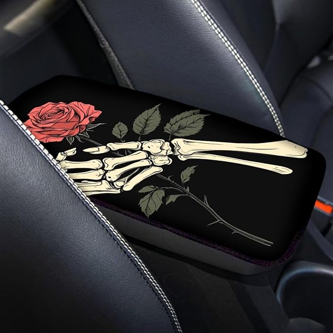 Dreaweet Skull Rose Car Accessories Armrest Cover for Car Universal Center Console Cover Replacement Soft Comfortable Arm Rest Cover Pad for Truck SUV Car Console Covers