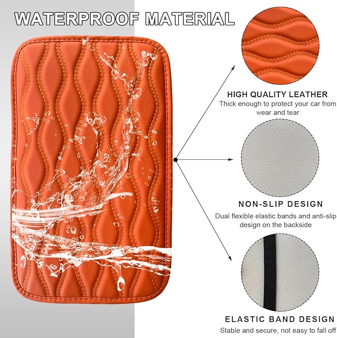 Car Center Console Cushion Pad, 12.48×7.40 Inches Waterproof Car Armrest Seat Box Cover, Comfortable PU Leather Vehicle Armrest Cover Protector, Car Decor Interior Accessories (Orange)