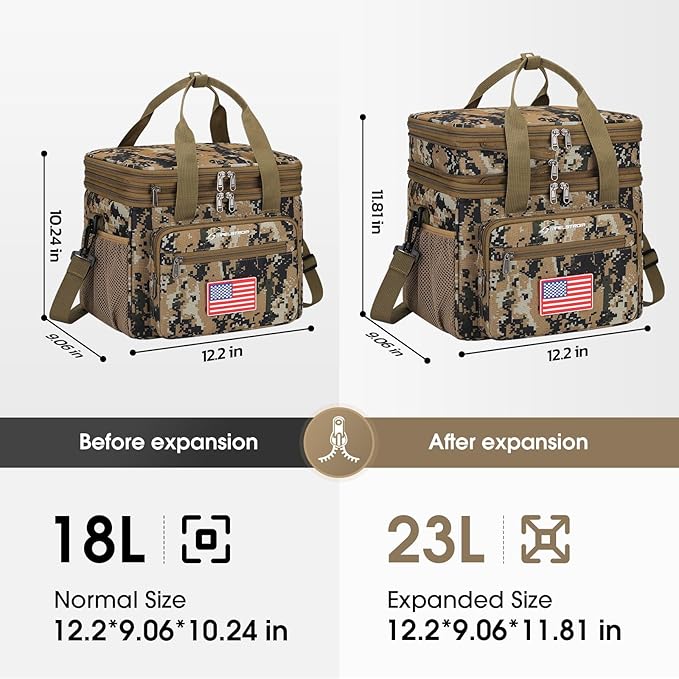 Maelstrom Lunch Box, 23L Insulated Lunch Bag, Expandable Double Deck Cooler Bag, Lightweight Leakproof Tote Bag With Side Tissue Pocket, Suit For Men and Women (I Camouflage with DIY Hook-and-Loop)