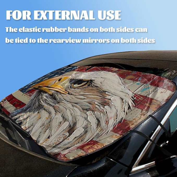 Bald Eagle American Flag Car Windshield Sunshade Folding, UV Rays Sun Shade Visor Protector, Universal Fit for SUV, Truck, Sedan, Easy to Install and Remove