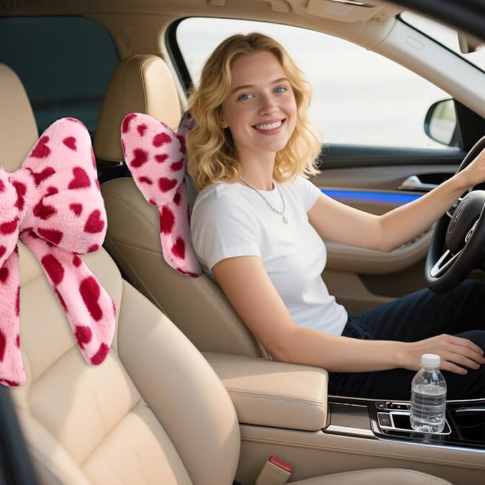 2 Pack Bow Car Headrest Pillow Comfortable Soft Plush Head Rest Cushion, Neck Pillow for Driving Office Use and Car Interior Decoration (Pink Heart)