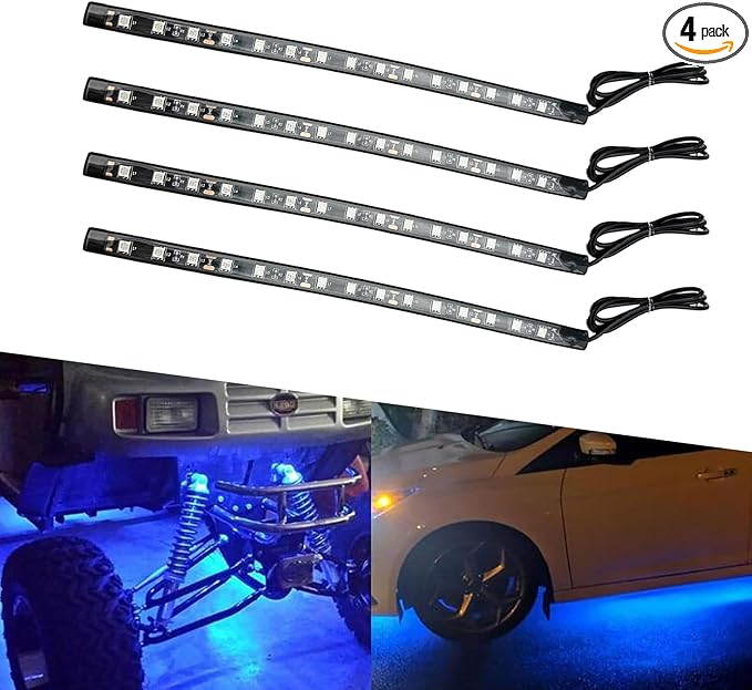 4 PCS Car LED Strip Lights, 5050-15SMD High Brightness Flexible Lamp Strips, IP67 Waterproof 12V DC Bulb with Back-adhesive, Universal Ambient Lighting for Cars Motorcycles Boats (Blue)