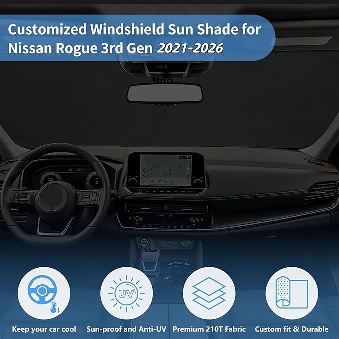Windshield Sun Shade for Nissan Rogue 3rd Gen Accessories Window Sunshade Fit 2026 2025 2024 2023 2022 2021 Nissan Rogue(Not for Rogue Sport) Front Window Shade Sun Visor Blocks UV Keep Car Cooler