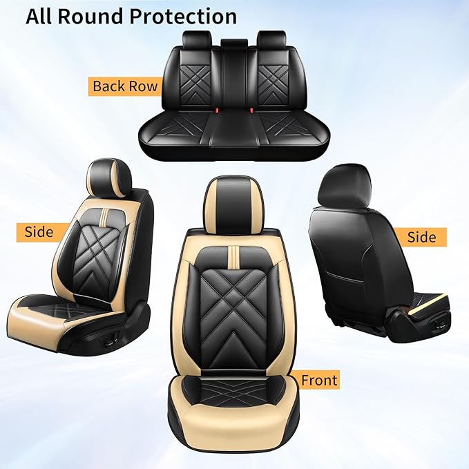 Car Seat Covers Compatible with Mazda 6 2007-2021, Full Coverage Premium Leather Waterproof Breathable Seat Covers, Automotive Seat Protectors, Airbag Compatible(Full Set Seats, Black Beige)