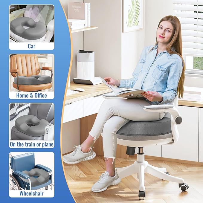 CloudBliss Donut Pillow Seat Cushion Chair Pad for Tailbone Pain Relief and Hemorrhoids, Memory Foam Seat Chair Cushion for Men and Women for Home & Office, (Light Grey-2XL)