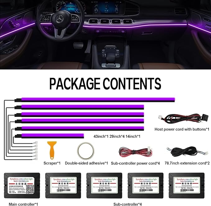 RGB Acrylic Ambient Lighting Car Lights, LED Strip Lights with APP Control, 593 LEDs Interior Car Lights, 6 in 1 Neon Car Ambient Neon Light Kits
