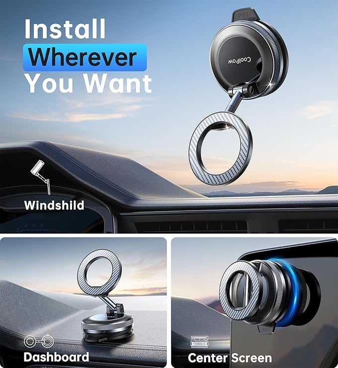 Coolpow【Newest Vacuum Magnetic Phone Holder for Car Phone Holder Mount【Movable Vacuum Suction】 Magsafe Car Mount Cell Phone Holders for Your Car Accessories for Women Men for iPhone 17 16 15 14 Kits
